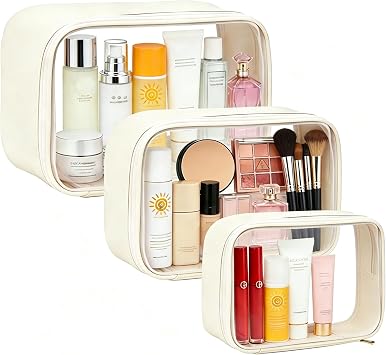 Travel Clear Makeup Bag Set for Women, 3 Pack Travel Size Toiletry Bag with Zipper Small Makeup Pouch for Purse Waterproof Portable Cosmetic Case Compact Car Organizer Storage Bag Beige Set
