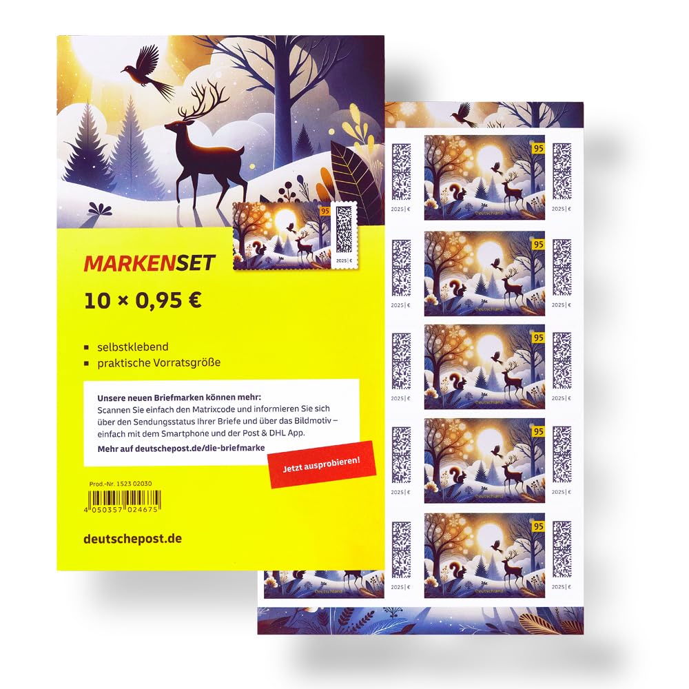 10 Stück 0,95 EUR 95 Cent postfrische selbstklebende Briefmarken | Frankaturware Markenset (Motiv: Weihnachten/Winter)
