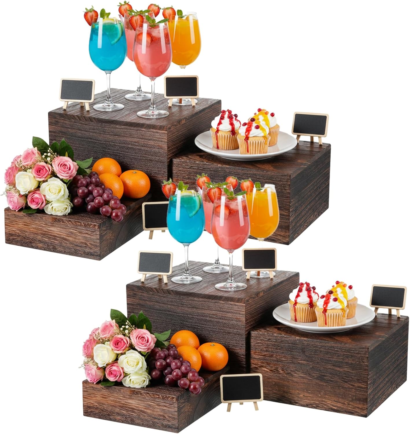 6 Pcs Vintage Brown Square Wooden Cake Stands, Rustic Wood Cake and Cupcake Stands, Table Wooden Stackable Display Stand Box for Catering Dessert Collectibles Jewelry Figures Show