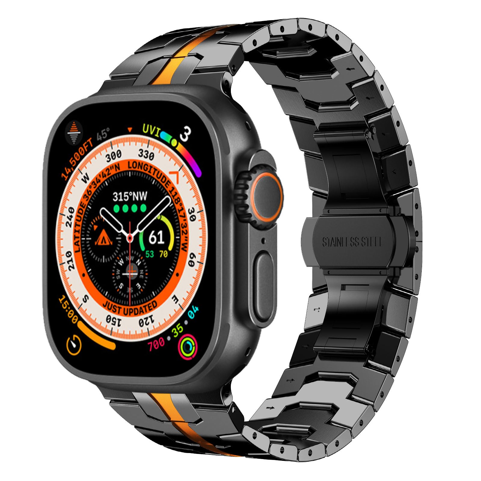 FULLIFE Stainless Steel Link Band for Apple Watch Ultra 3/2/1 49mm, Folding Clasp Metal Bracelet Compatible with Series 11/10 46mm, 9/8/7 45mm, SE/6/5