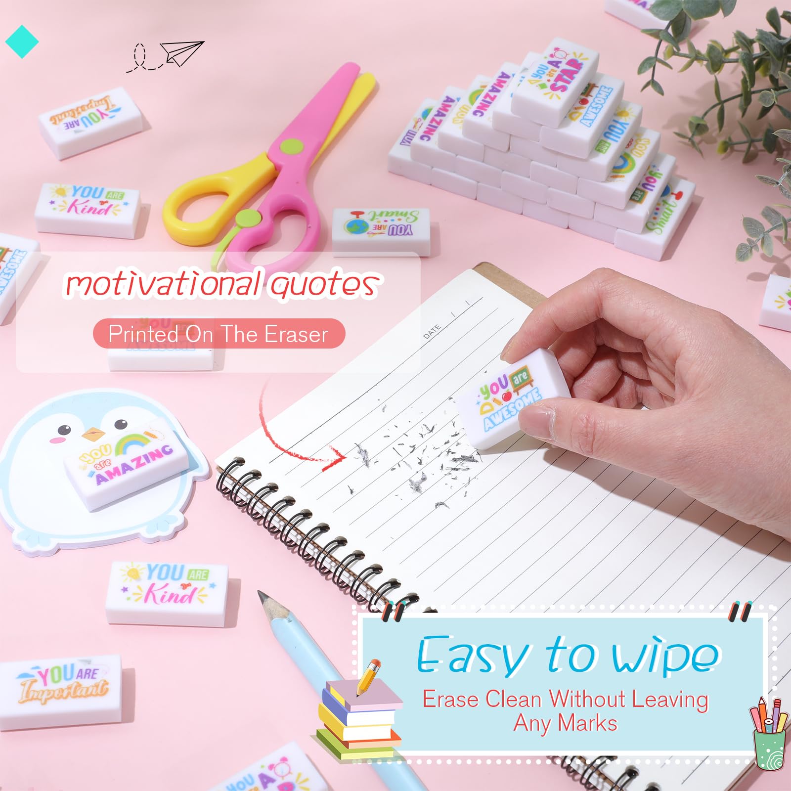 Resurhang 180 Stück Radiergummis für Kinder, inspirierende Bleistift-Radiergummis, Großpackung zum Zeichnen, motivierend, großer Radiergummi, Schulbedarf für Klassenzimmer, Schulanfang, Büro