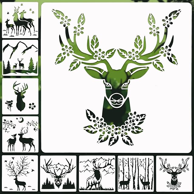 9 Pieces Forest Deer Stencils 11 Inches Reusable Deer Pattern Stencil Forest Theme DIY Spraying Drawing Stencils Plastic Forest Deer Christmas Stencils for Painting on Wood Wall Canvas Fabric Airbrush