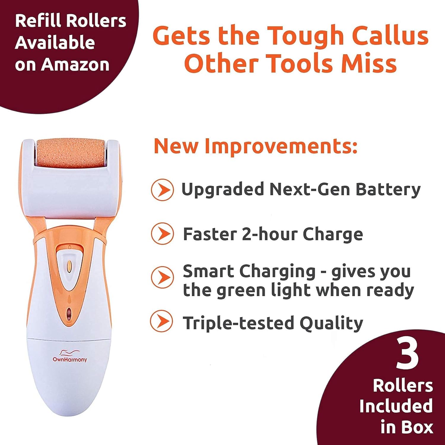 Own Harmony Electric Callus Remover for Feet and 6 Rollers Bundle: Professional Feet Care for Women, CR900 Rechargeable Foot Grinder & Electronic Foot File Pedi Sander for Cracked Heels & Hard Skin