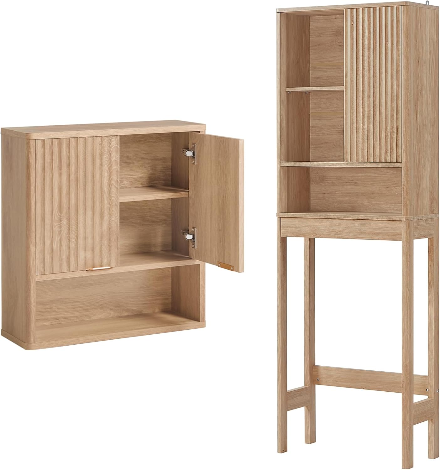 LEYAOYAO Fluted Over The Toilet Storage Cabinet & Bathroom Wall Cabinet Set of 2,Farmhouse Above Toilet Organizer,Medicine Cabinet w/Adjustable Shelf & Doors for Laundry Living Room Kitchen(Natural)