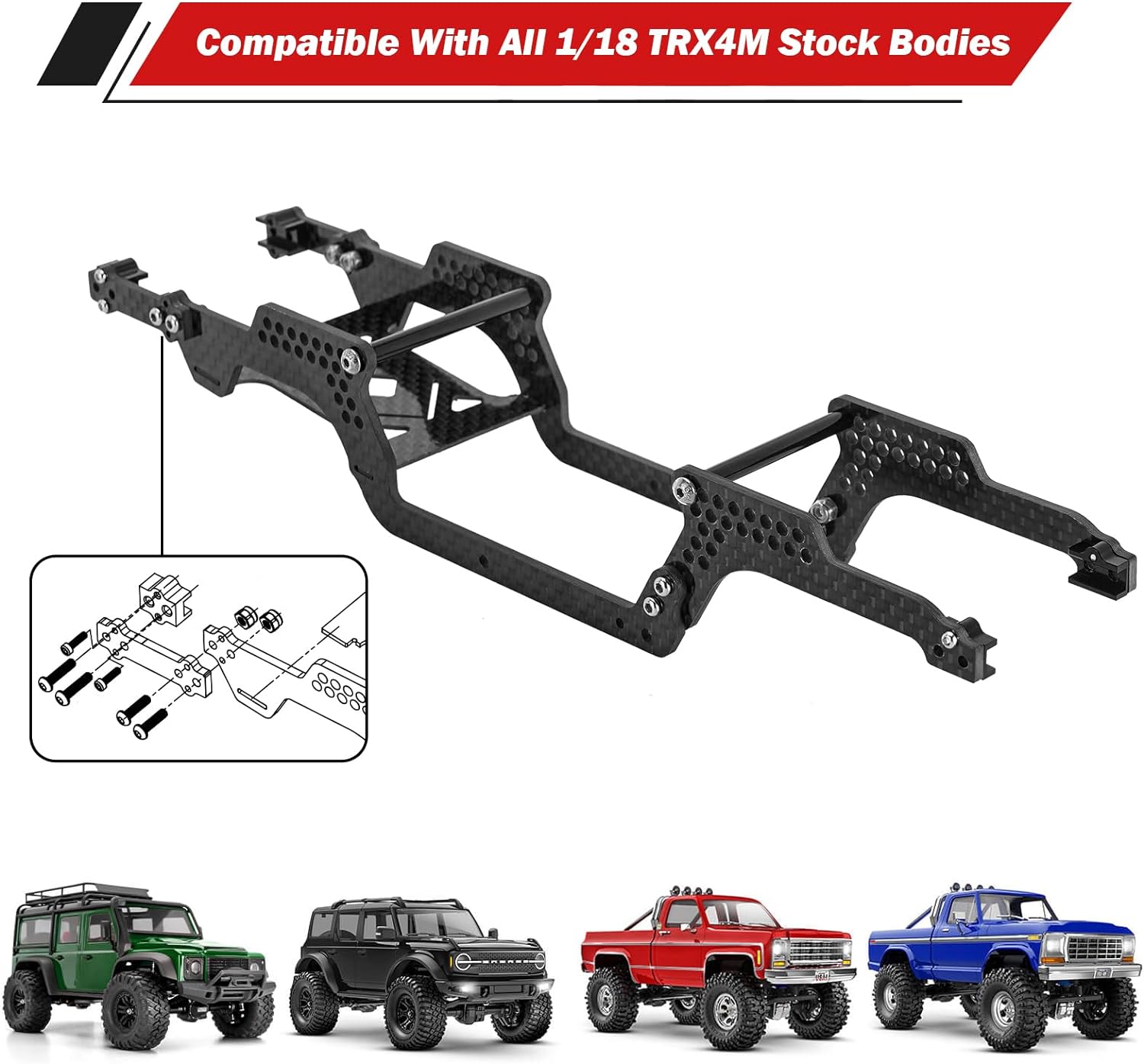 INJORA 39g Universal LCG Carbon Fiber Chassis Frame Kit for 1/18 TRX4M Defender Bronco K10 F150 Upgrade Part