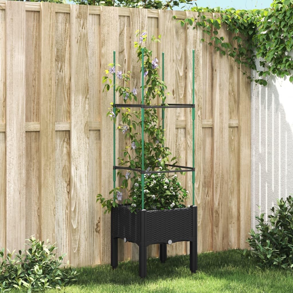 Rankhilfe Pflanzkübel Schwarz 40x40x142,5 cm PP Rattan-Optik Blumentopf mit Spalier für Tomaten Rosen Balkon Garten und Terrasse