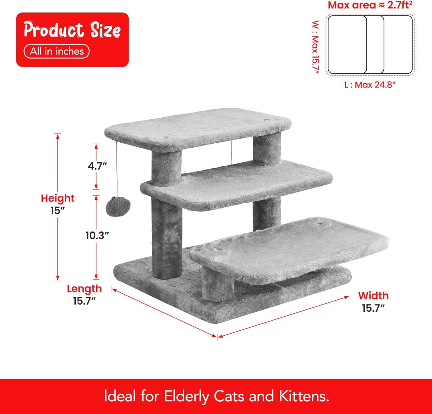 15''H Multi-Step Pet Stairs for High Beds & Sofas, 3-Step Cat Stairs with 2 Toy Balls, Wide Boards for Indoor Kittens Dogs Pets Climbing, Light Grey