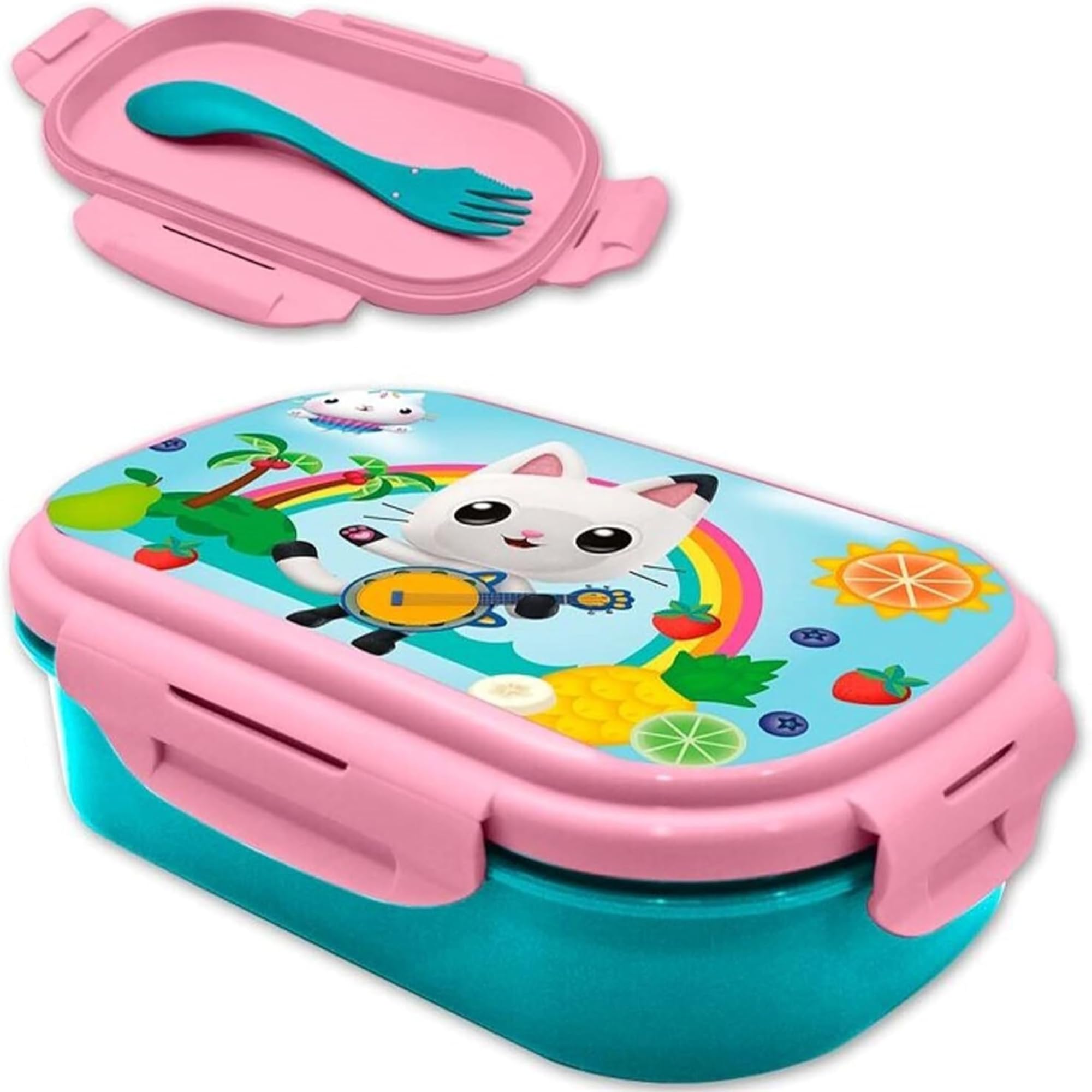SRV Hub Gabby's Dollhouse Kids Lunch Box with Spork, 2 Compartment Bento Box with 4 Clip Closure, Pink Back to School Sandwich Snack Container for Girls, 20cm