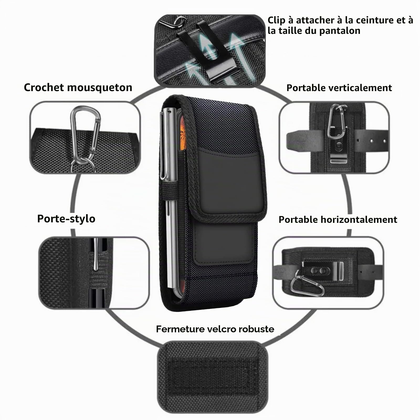 Vertical Étui de ceinture pour Xiaomi 15 15c 15T 14T 14 14c 13T 13 13c Pro 12s 12T 12c 12 A1 A2 A3 A4 A5 11 Pro+ Redmi Note 4G 5G | Sac banane mousqueton Clip Boucle | Housse de protection | Noir