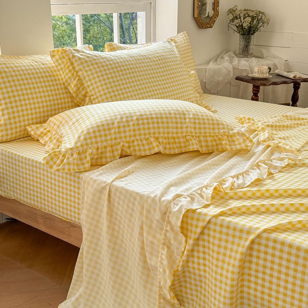 Amazon.com: NSNLGSGC Yellow Gingham Ruffle Twin Sheet Set | Soft