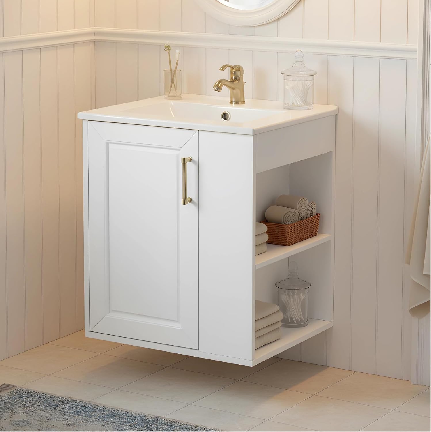 Virubi 20 Inch Wall Mounted Bathroom Vanity with Ceramic Sink, Floating Vanity Cabinet with Open Side Shelves, Small Space Bathroom Storage Cabinet for Powder Room
