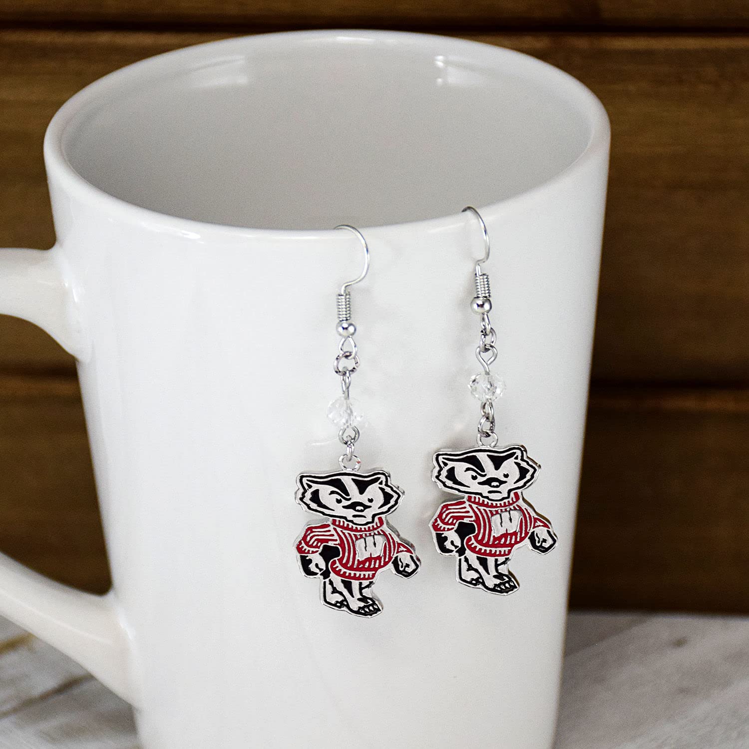 Dangle Earrings by Fan Frenzy Gifts | University Logo Earrings for Women & Men with Stainless Steel Shepherd Hooks | Officially Licensed Sports Fan Merchandise, (University of Wisconsin)