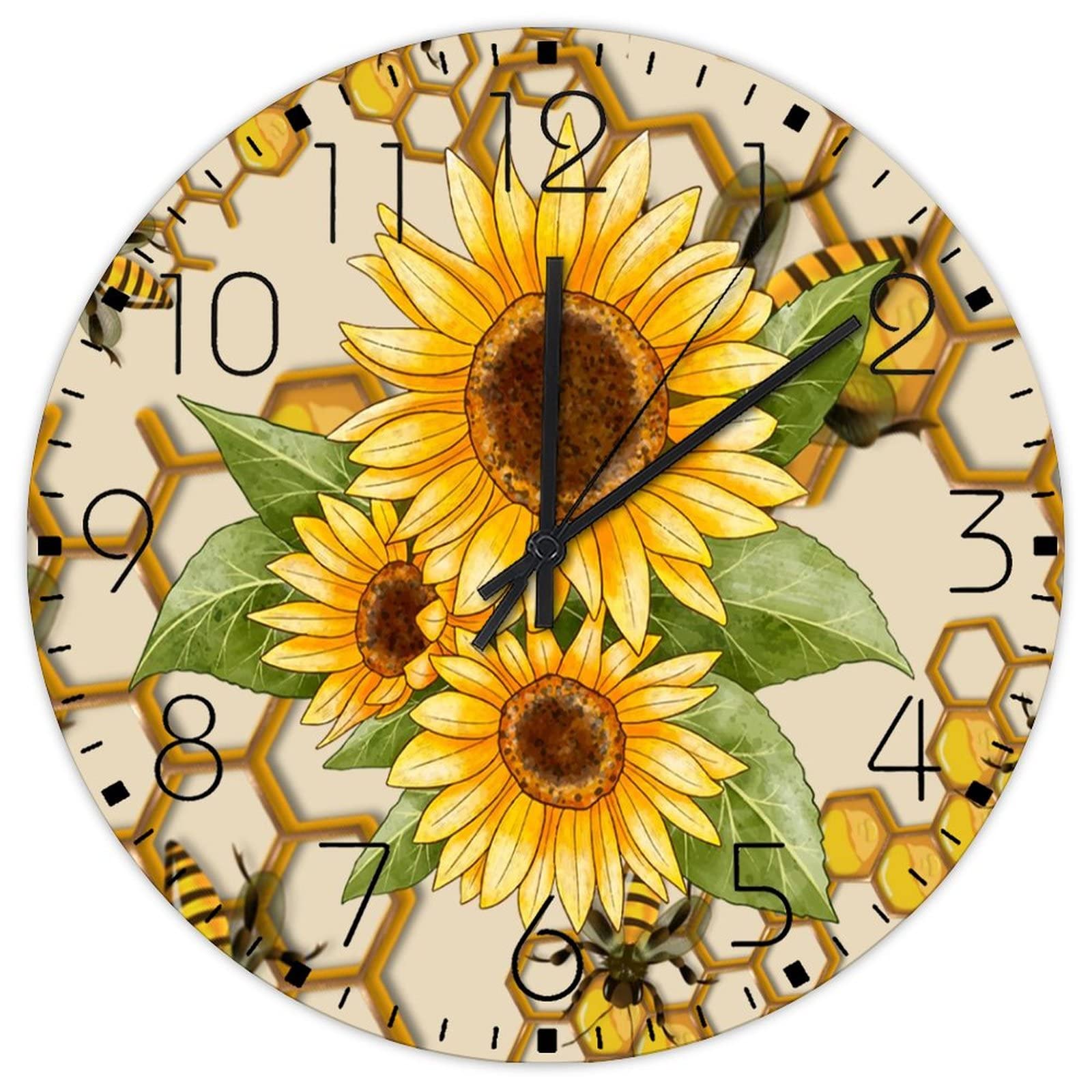 Horloge murale 38 cm tournesol et abeille silencieuse à piles pour cuisine et jardin