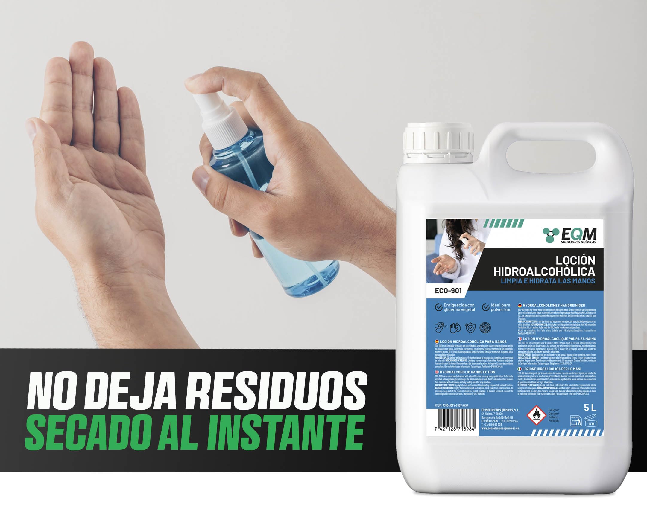 EQM - ECO-901 - Loción Hidroalcohólica para Manos - 5L - Eficacia Certificada por Laboratorio - Limpieza e Hidratación Profunda - Fórmula con Alto Contenido en Glicerina