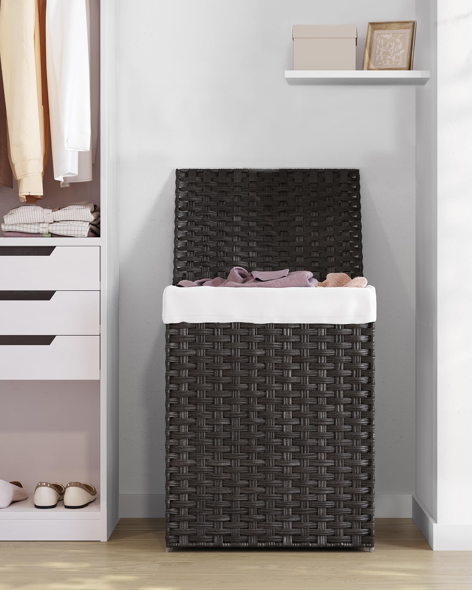SONGMICS Cesta de Almacenamiento, Cesta de Lavandería de 90 L con Tapa, Plegable, Bolsas de Tela Extraíbles y Asas, para Mantas, Ropa, Salón, Dormitorio, Lavadería, Negro LCB51BK | Eliott LCB51BK - Cesto para lavandería trenzado extraíble con tapa y asas,