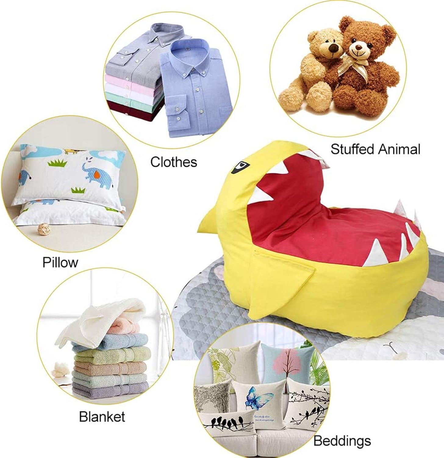 Shark Stuffed Animal Storage Bean Bag Chairs Soft Plush Toy Organizer Fluffy Lounger Quickly Clean Up Toys and Outdoor Portable Children's (Cover no Filler)