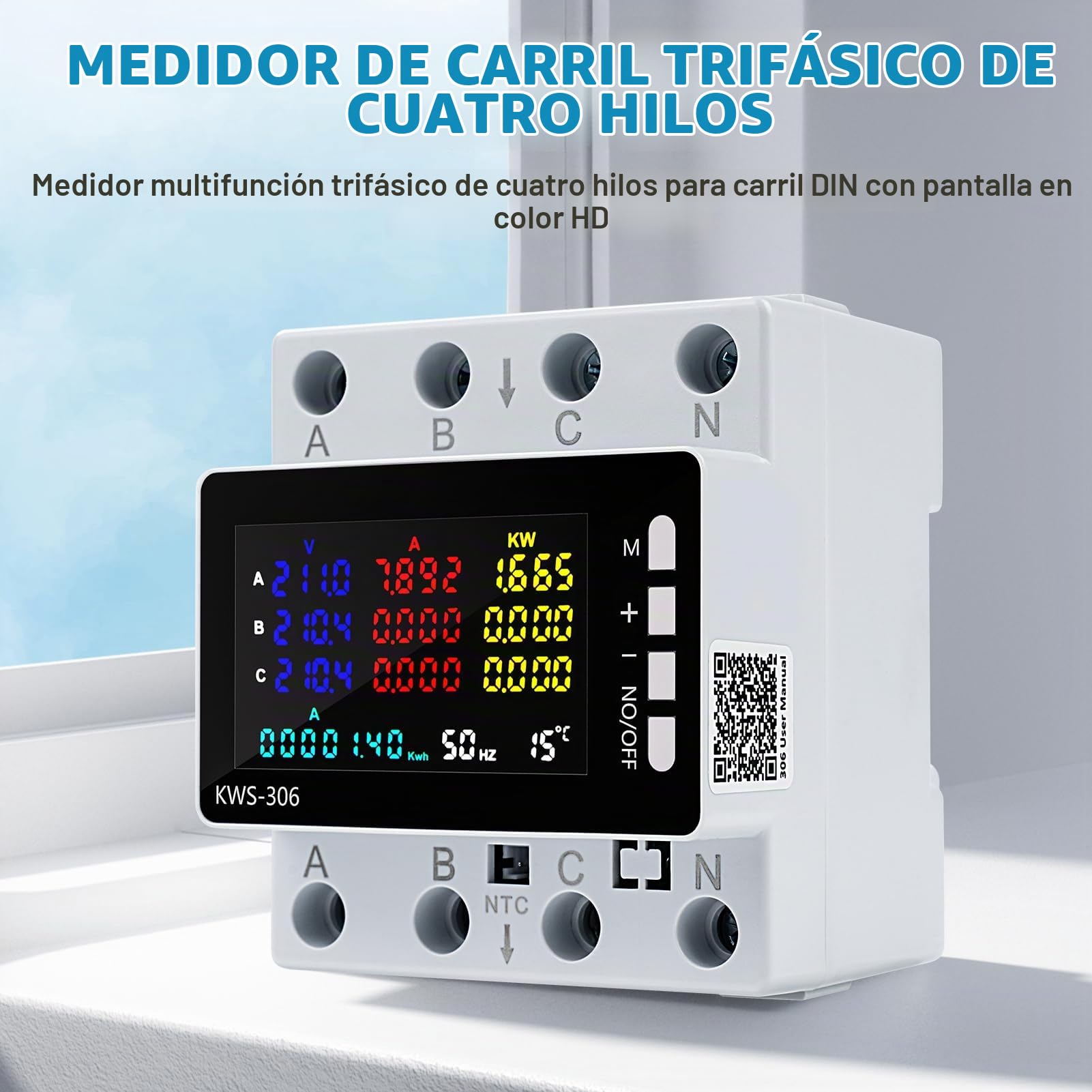Medidor de Consumo Electrico Trifasico, 9 en 1 Medidor de Energía Digital Contador Electrico carril DIN con Memoria de apagado, Protección contra Sobretensión/Subtensión 85-290VAC 80A (Sin WiFi)