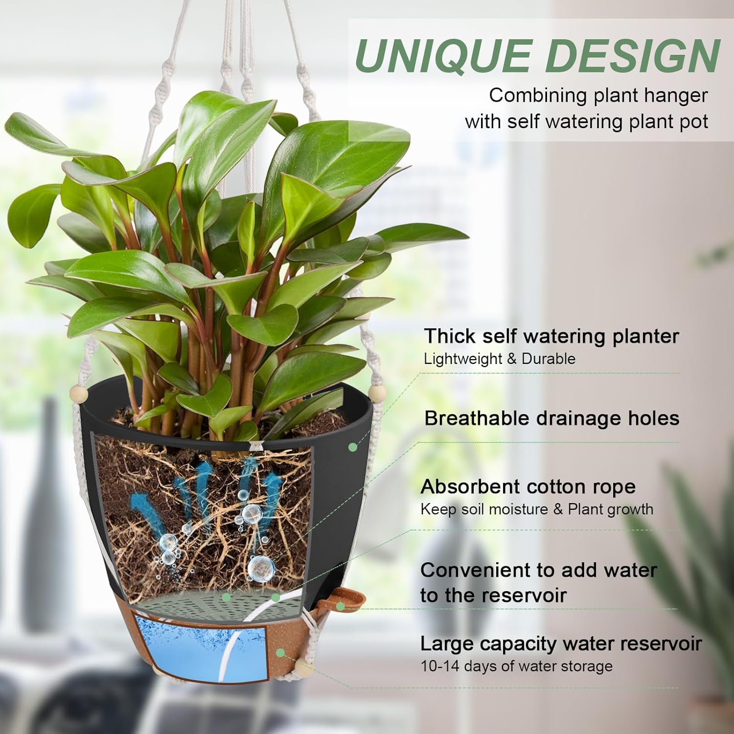 Vanslogreen 41.5 Inch Macrame Plant Hanger Indoor Outdoor with 12 Inch Flower Pot, Hanging Planter for Plants Holder with Wood Beads for Boho Home Decor (Ivory+Black)