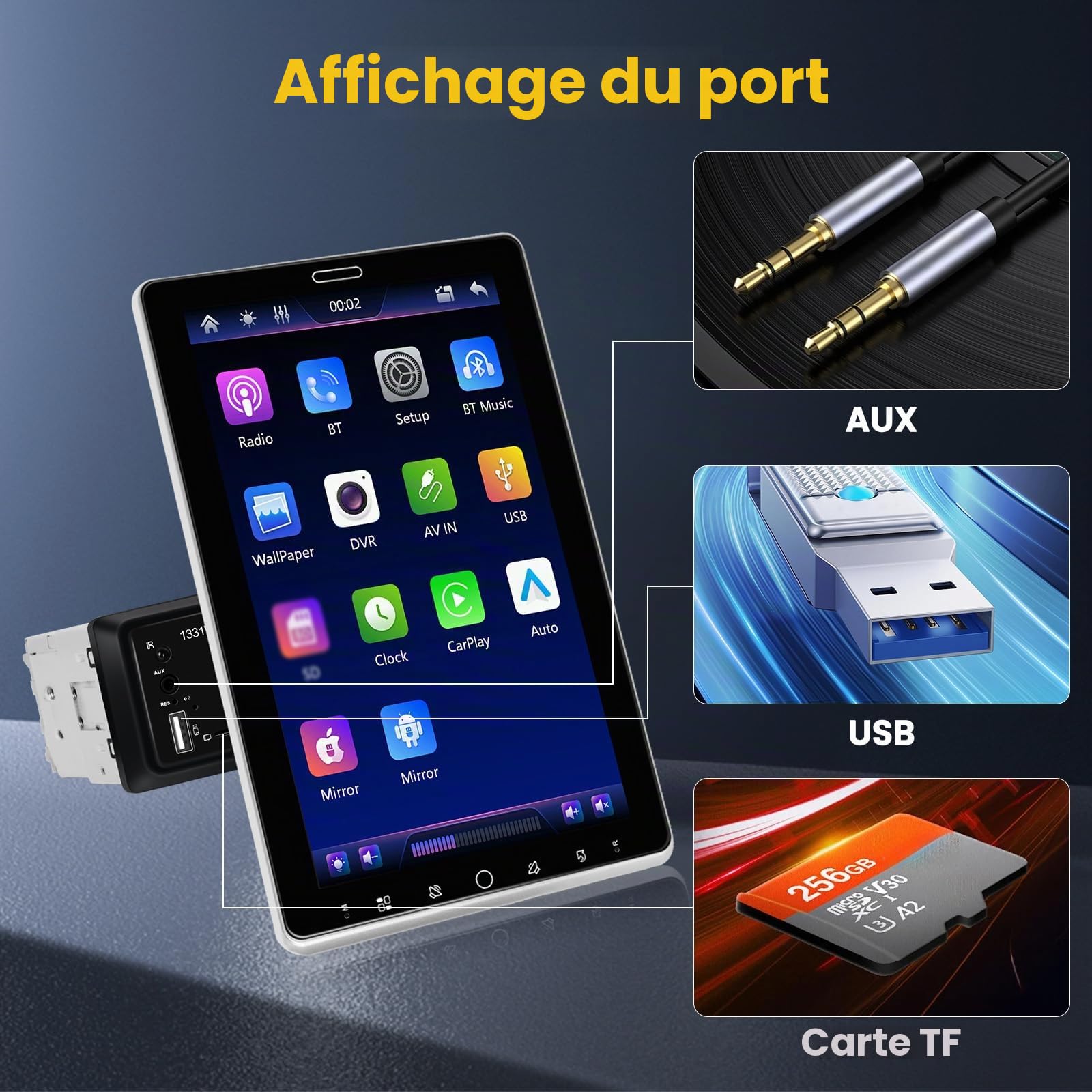 Hikity 1 Din Autoradio avec 10.1”IPS Rotatif Touchscreen Bluetooth 5.2 Wireless Carplay Andriod Auto FM AM RDS Radio avec USB AUX in TF Card EQ SWC Autoradio Caméra de Recul Mirror Link DVR(Support)