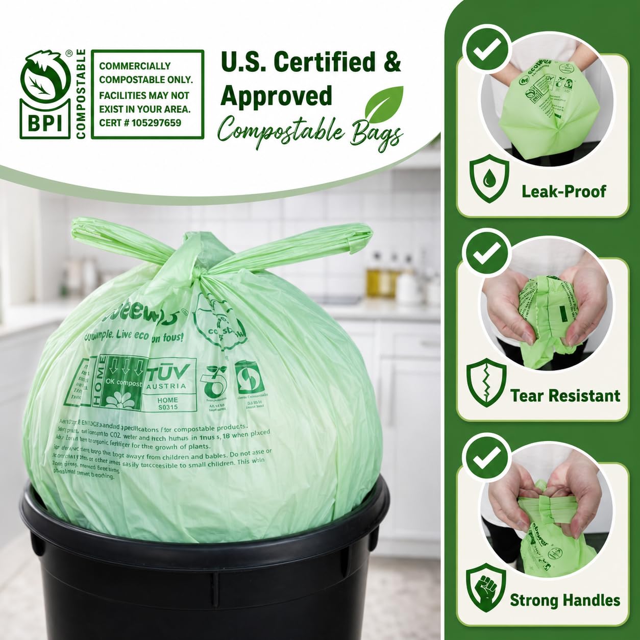 Bolsas 100 % compostables de 2.6 galones, con parte superior plana (125 bolsas), pequeñas bolsas de basura desechables para compostaje, bolsas de basura para alimentos, certificado BPI de EE. UU., TUV