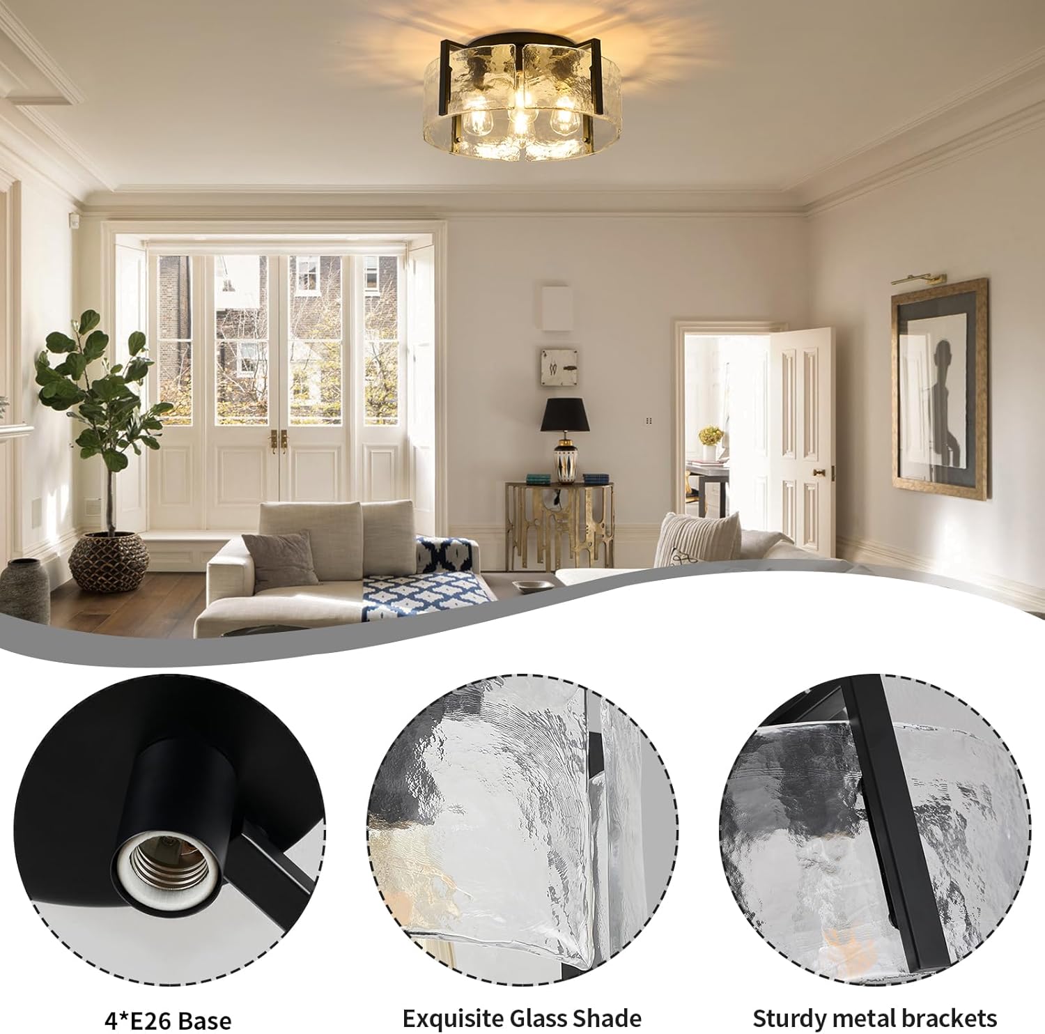 Black Semi Flush Mount Ceiling Light Fixture, 17.7-Inch Glass Drum Flush Mount Light Farmhouse Modern Lights Kitchen Lighting Fixtures for Foyer Entryway Hallway Bathroom Bedroom Laundry Room