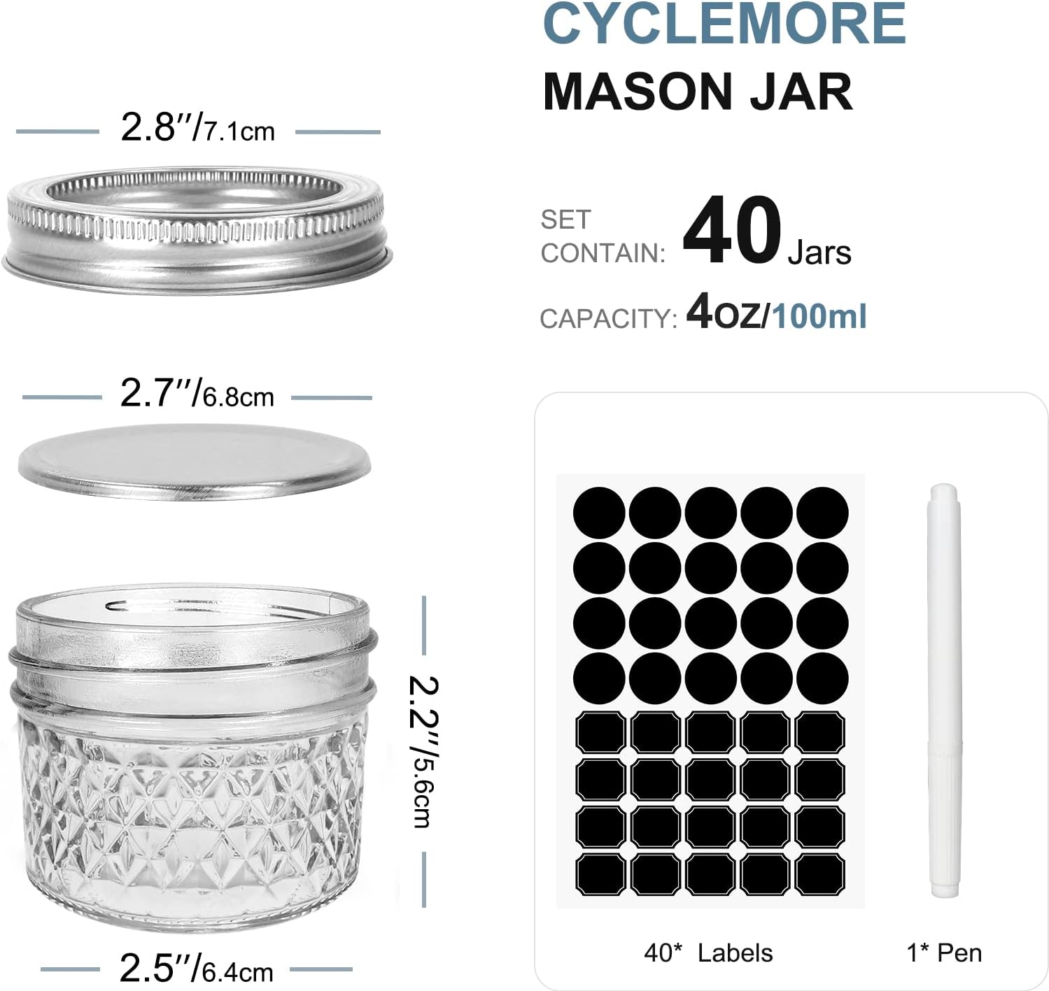 CycleMore 40 Pcs 4oz Clear Glass Mini Mason Jars With Silver Separable Lids and Diamond appearance, Small Spice Canning Jars for Honey, Jam, Jelly, Wedding Favors, Kitchen Food Storage