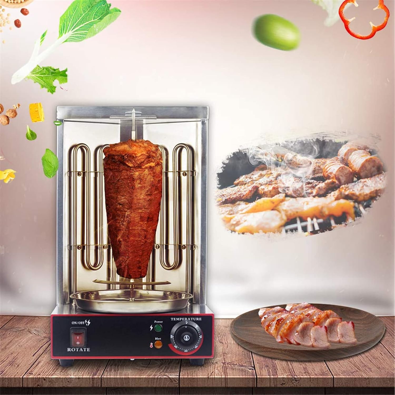 KnoRRs Electric Vertical Broiler, 360°Automatic Rotating Grill Universal Rotisserie Grills, Chicken Kebab Machine Turkey BBQ Grill for Home Party Garden