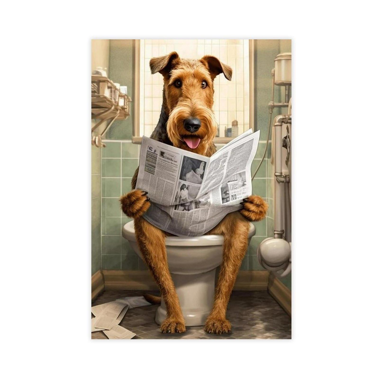 Flamint Airedale Terrier on The Toilet Dog Canvas Poster Bedroom Decor Landscape Office Room Decor Gift 12" L X 18" W