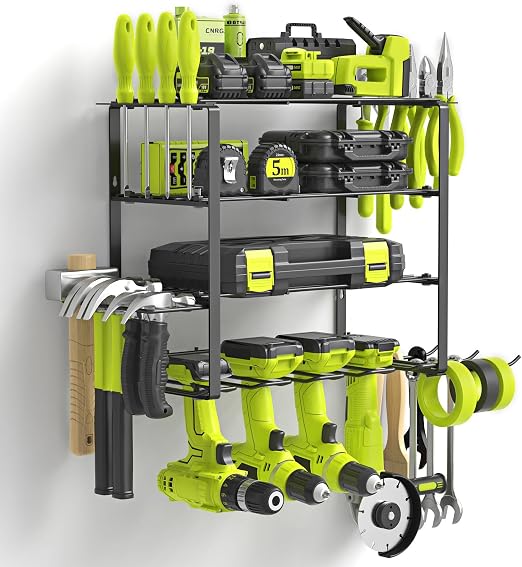 WELDUN Organizer na elektronarzędzia, 4 uchwyty na wiertarki, organizer na narzędzia garażowe i przechowywanie z uchwytem na śrubokręt, organizacja garażu