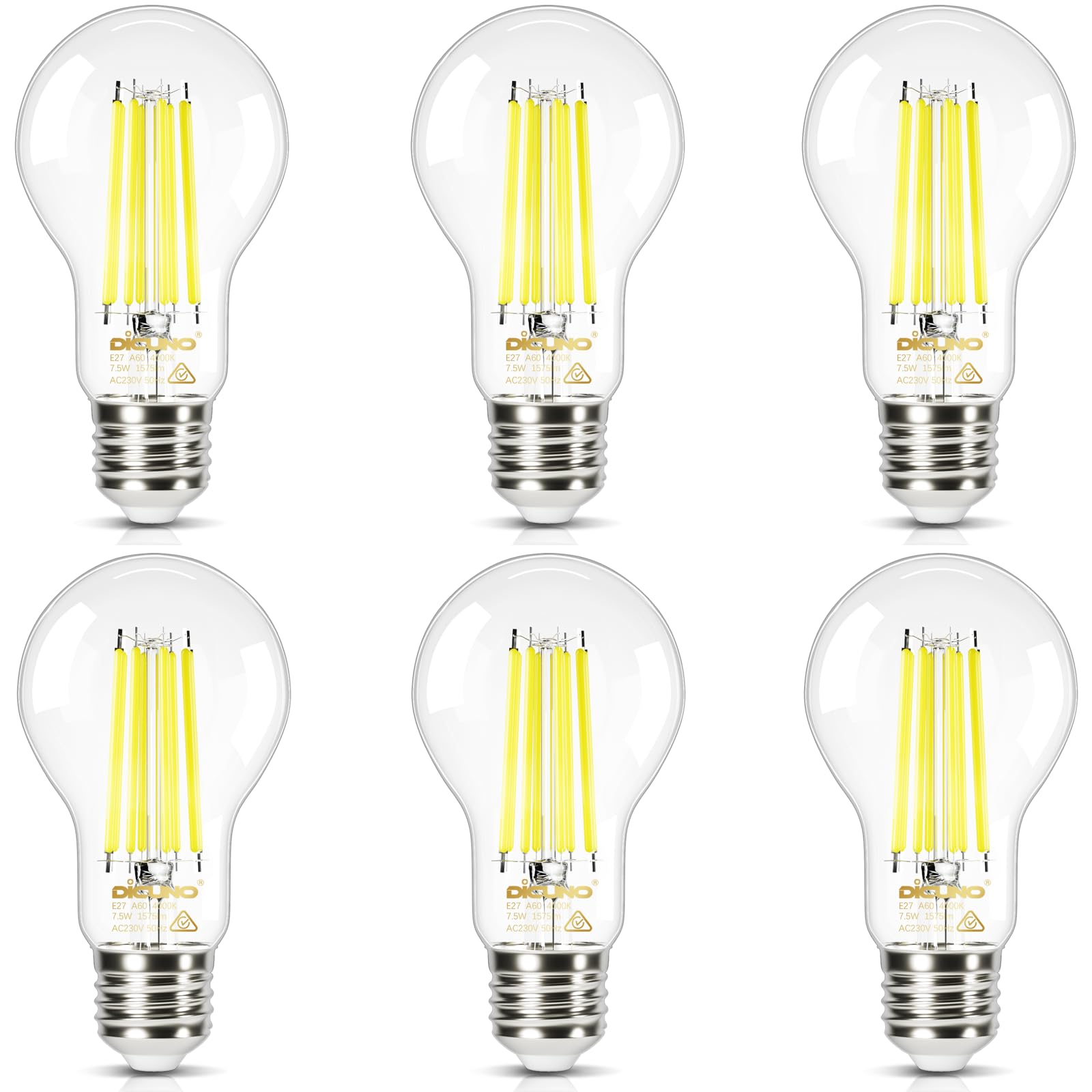 DiCUNO Lampadina LED E27 UltraEfficient Classe A, 7,5W=100W, 4000K, 6 Pezzi