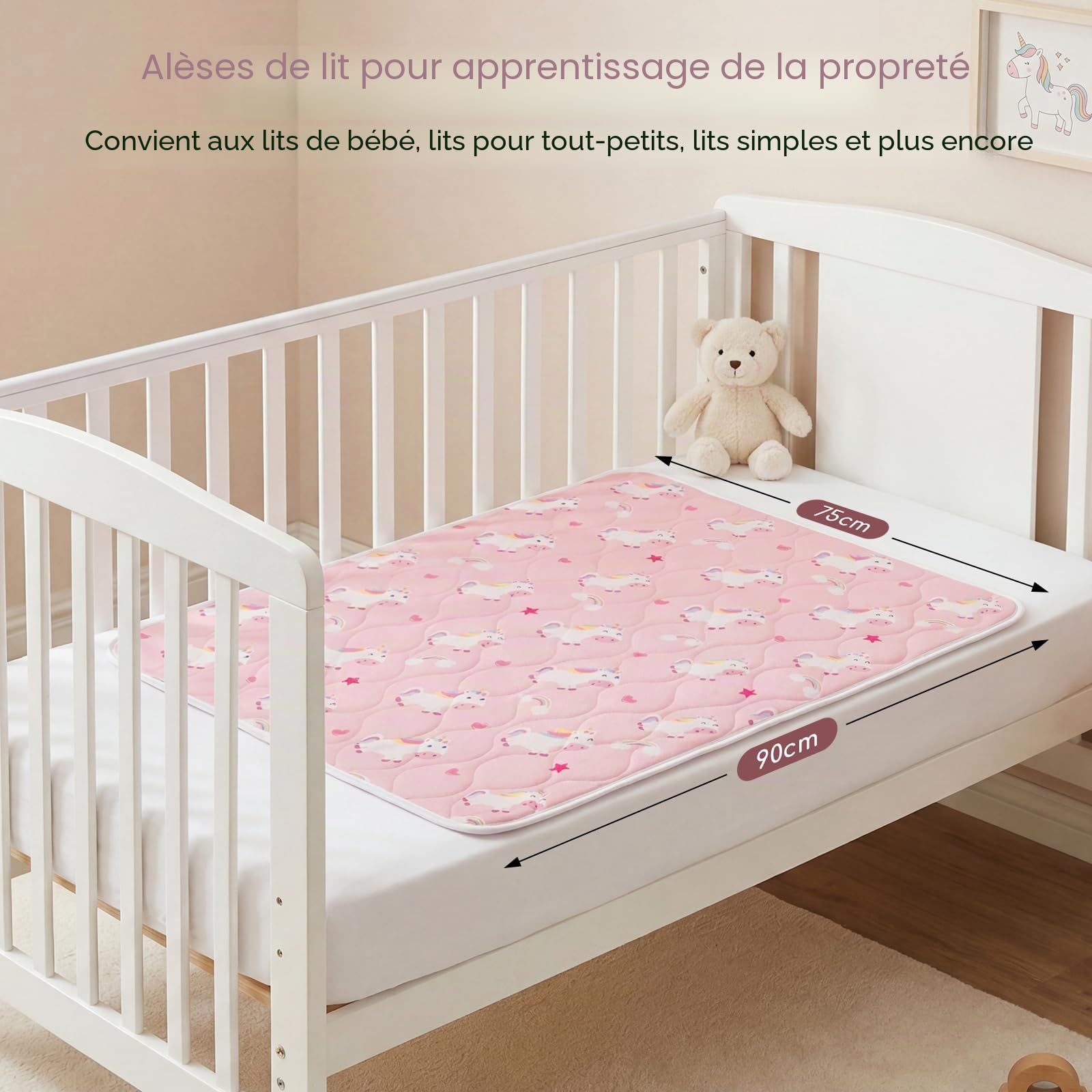 Alèse Protège Matelas Lavable 90x75 cm Lot de 2 Couvre-Matelas Imperméable Bébé & Enfant-Absorbant, Respirant, Anti-Fuite pour Lit, Incontinence, Sueur et Liquides Licorne Rose