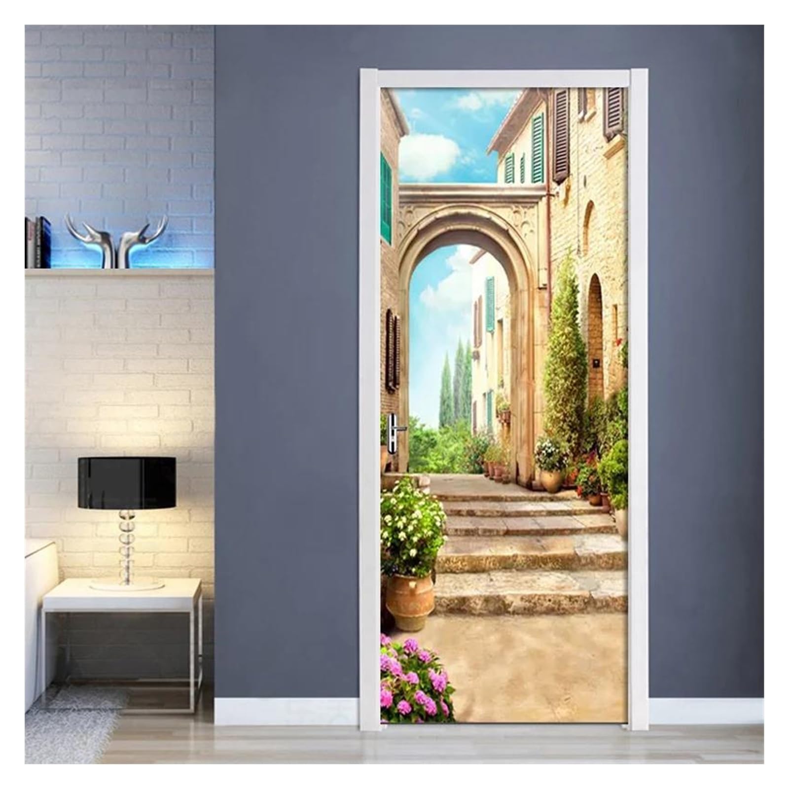 Sticker de porte 3D vue de rue européenne pour salon chaleureux 95x215cm