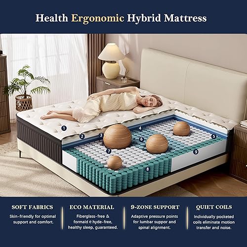 Miniatura 5 de Colchón King de 10 pulgadas, sensación híbrida de firmeza media con resortes ensanchados, espuma viscoelástica transpirable para soporte de columna