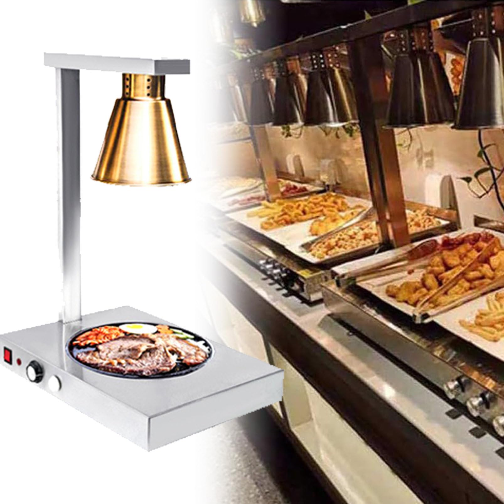 JKJZSALJ Commercial Food Warmer Lamp, Stainless Steel Buffet Heater For Restaurants And Kitchens, Ideal For Keeping Pizza And Food Warm,Gold,singlehead