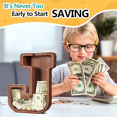 Miniatura 2 de SummiDate Alcancía de madera extra grande, alcancía para niños y niñas, banco de dinero del alfabeto J, regalo de cumpleaños para niños, regalo del