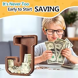 Summidate Large Wooden Piggy Bank for Kids Adults, Letter J Money Bank for Boys Girls, Personalized Initial Alphabet Bank for Coins Bills Change, Birthday and Decor