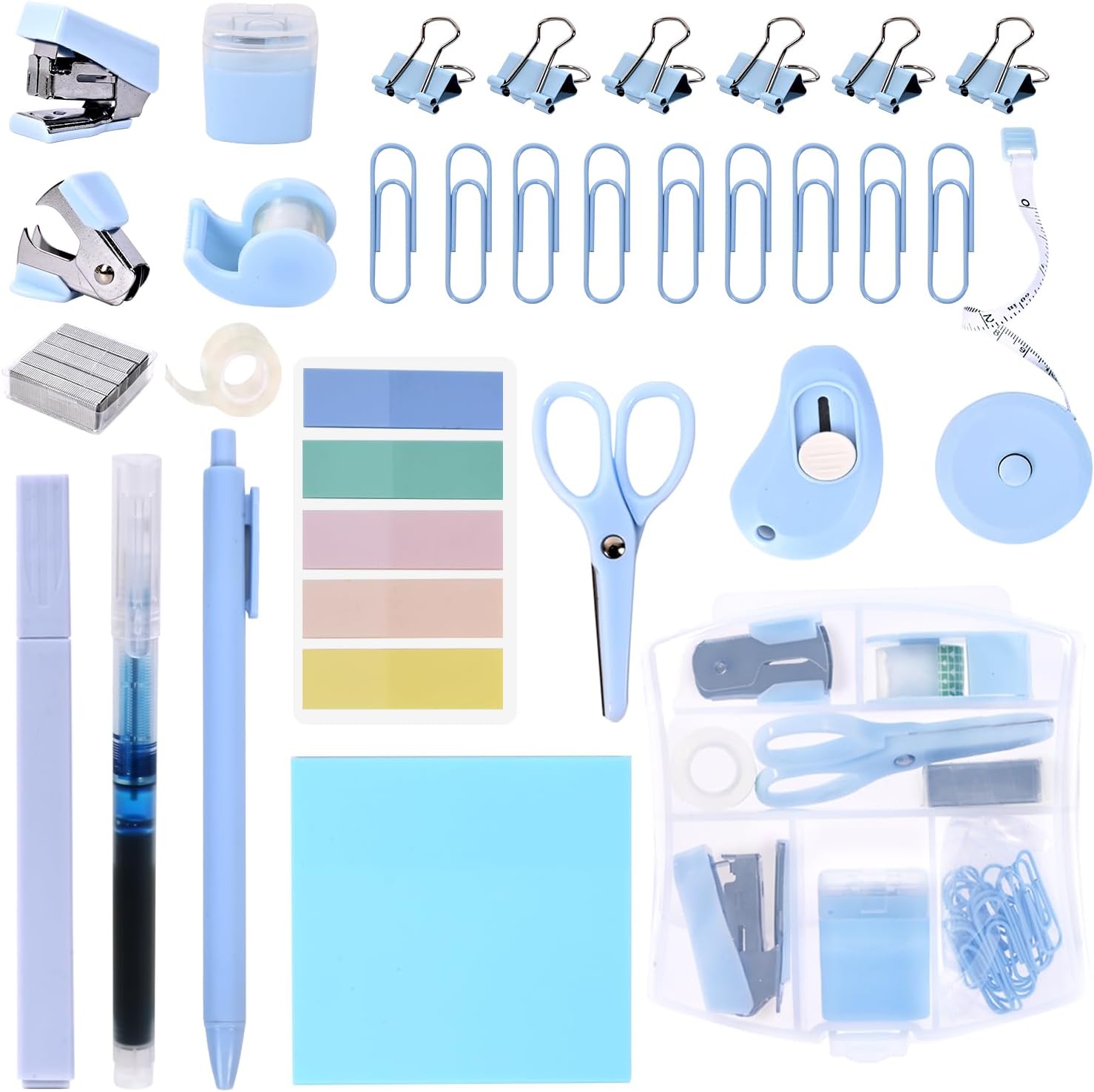 Mini Office Supply Kit, Blue Stapler with Staples and Tape Dispenser Set, Mini Stationary Kit Includes Sticky Notes Index Tabs Highlighters Gel Pens for Office & School Blue