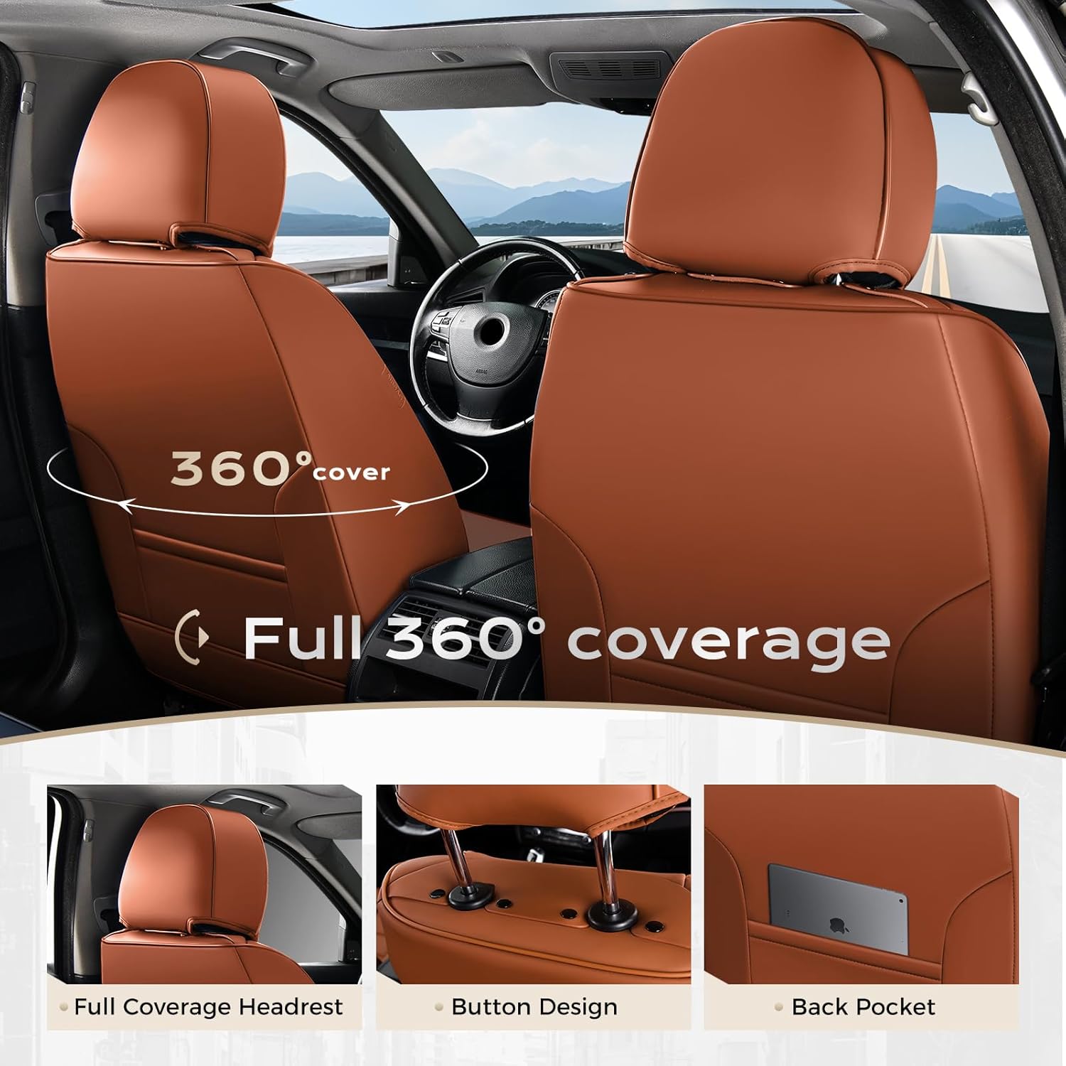 Coverado Car Seat Covers Full Set, Seat Covers for Cars, Front Seat Covers and Back Seat Cover Waterproof Leather Automotive Seat Cover, Universal Car Interior Protectors Cushion for Most Cars