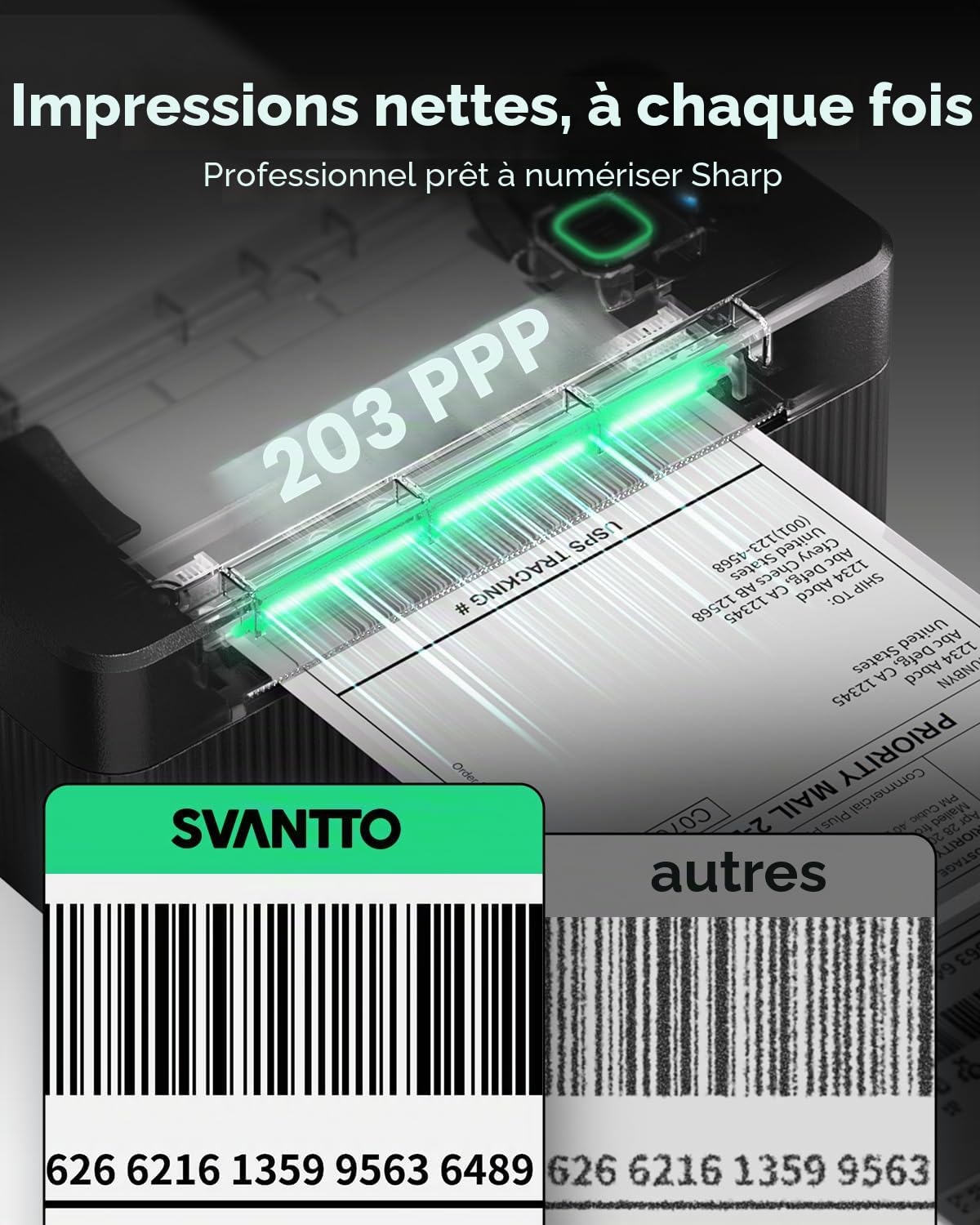 SVANTTO Imprimante Etiquette Expedition Bluetooth, Imprimante Etiquette Autocollante 4x6 pour Petites Entreprises, Compatible avec DHL, DPD, UPS, Shopify, iPhone, Mac, Windows, Noir