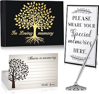Spakon Funeral Guest Book for Memorial Service Celebration of Life 100 Pieces Double Sided Prayer Cards Silver Signature Pen with Stand and Memory Table Sign Favors (Tree Style)