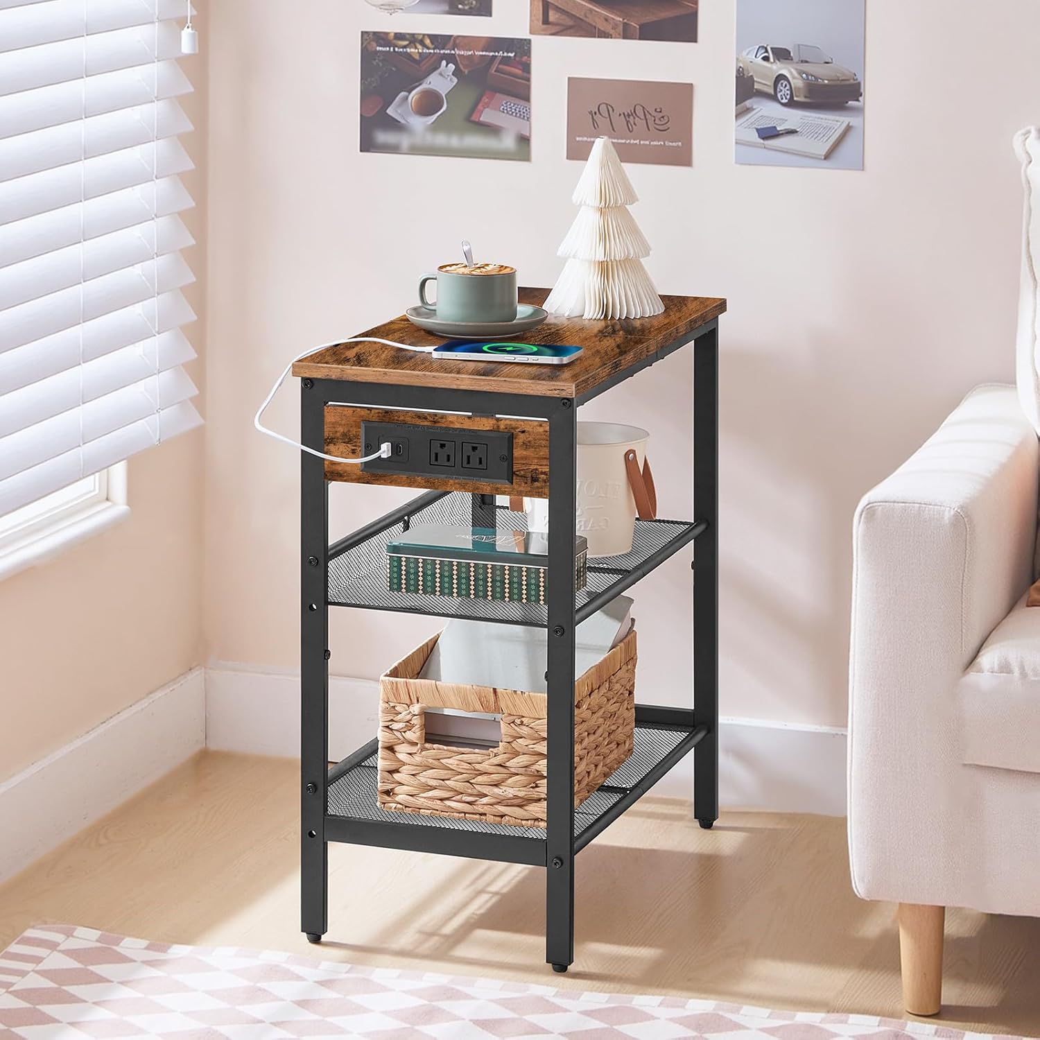 HOOBRO End Table, 3-Tier Narrow Side Table with Charging Station, Nightstand with 2 Flat or Slant Adjustable Shelves for Small Spaces, Living Room, Bedroom, Rustic Brown and Black BF23UBZ01G1