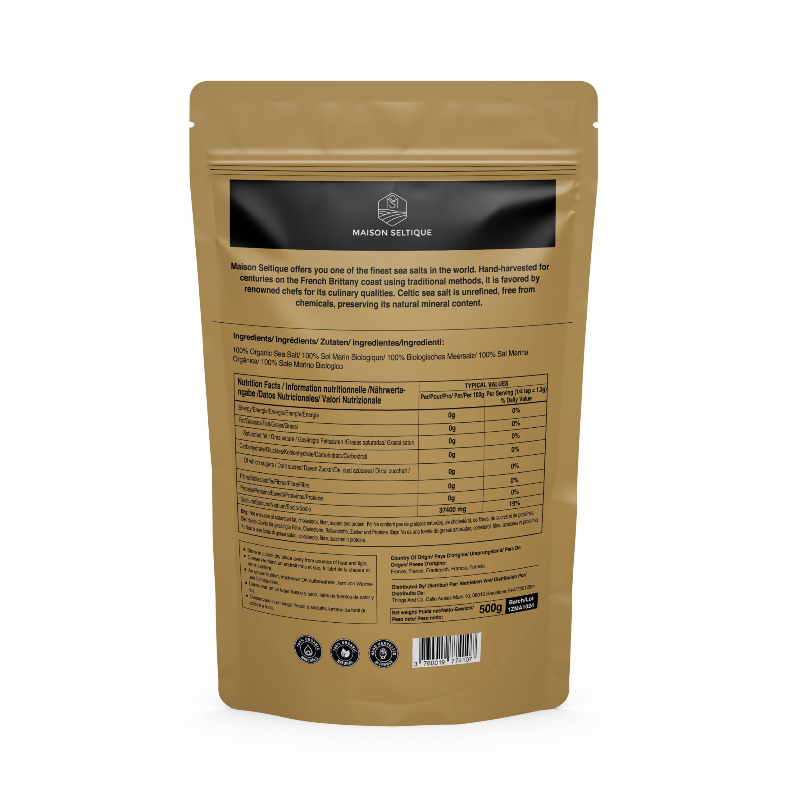 Maison Seltique Celtic Sea Salt, 100% Natural, Sal Celta Cosechada a mano, Artesanal - Pura y Sin Refinar | Sal Marina sin aditivos| Bolsa Resellable | Ideal para Cocina Gourmet y Saludable (500gr)