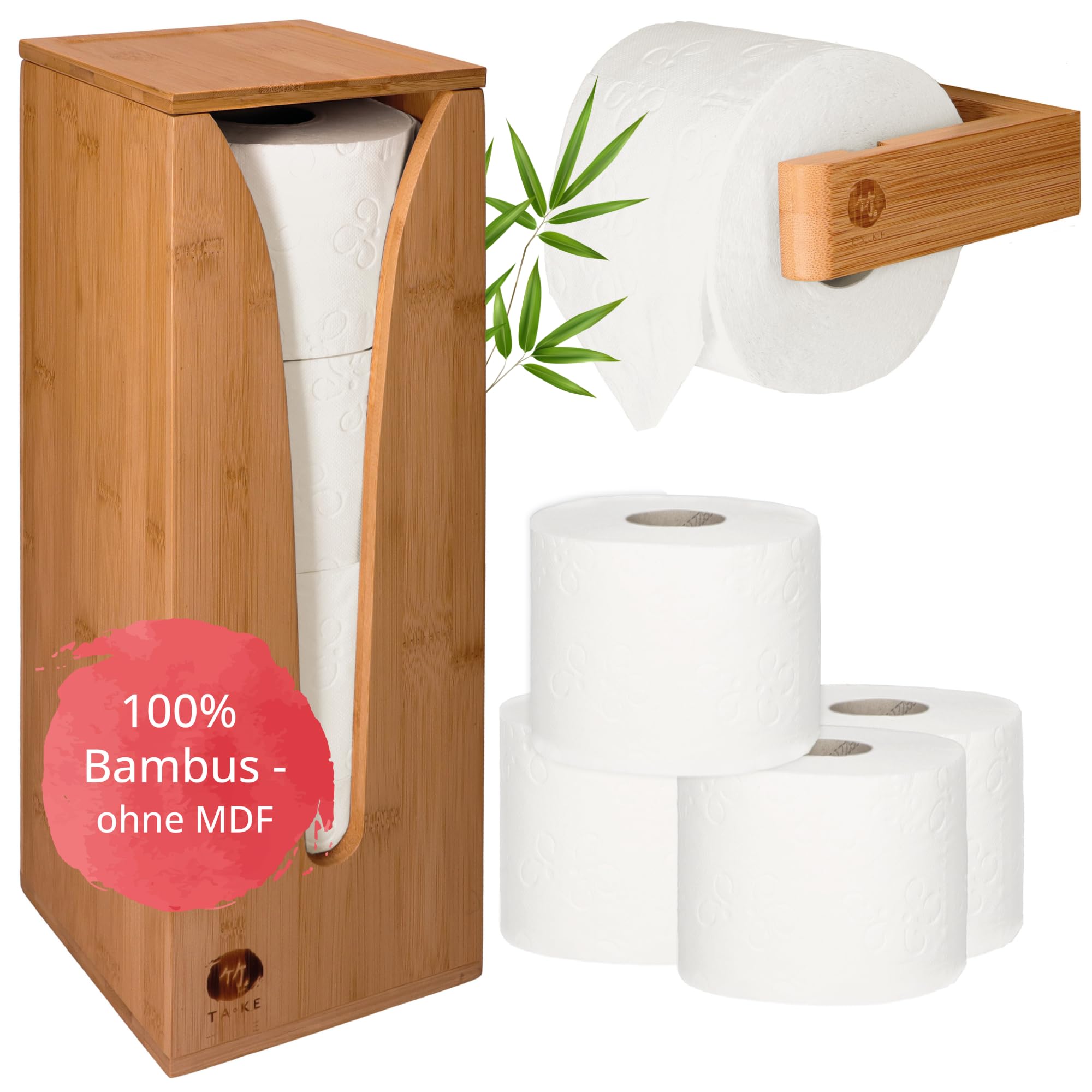 TAKE® Ersatzrollenhalter Toilettenpapier Aufbewahrung [4 Rollen] + inkl. Toilettenpapierhalter Holz für die Wand I Platzsparende Klopapier Aufbewahrung aus 100% Natur Bambus I Klorollenaufbewahrung Baumarkt