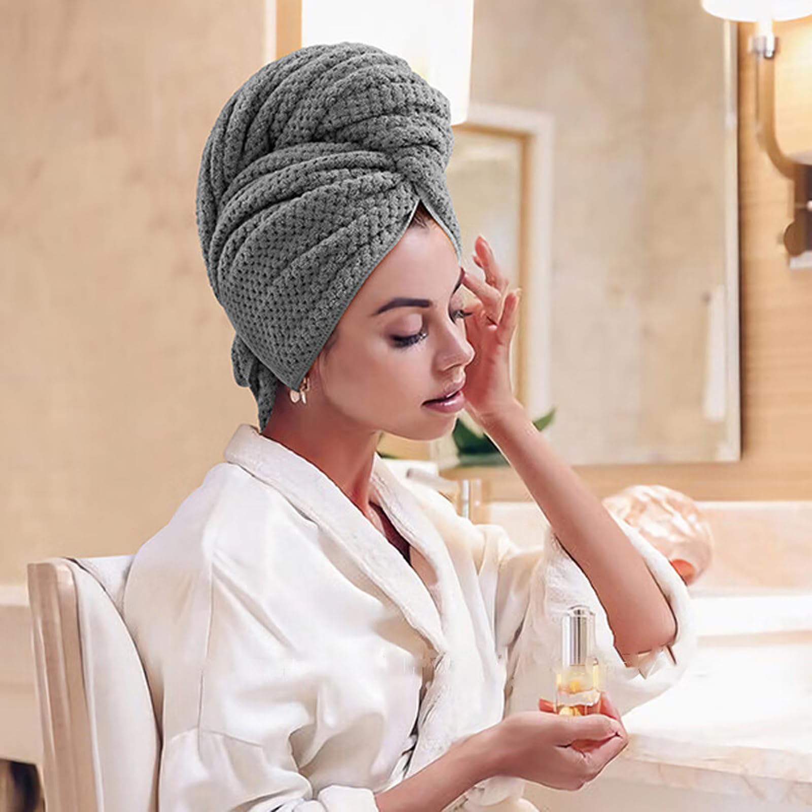 Toalla de Pelo de Microfibra Grande 103 x 60 cm, Turbante de Secado Rápido Superabsorbente con Banda Elástica