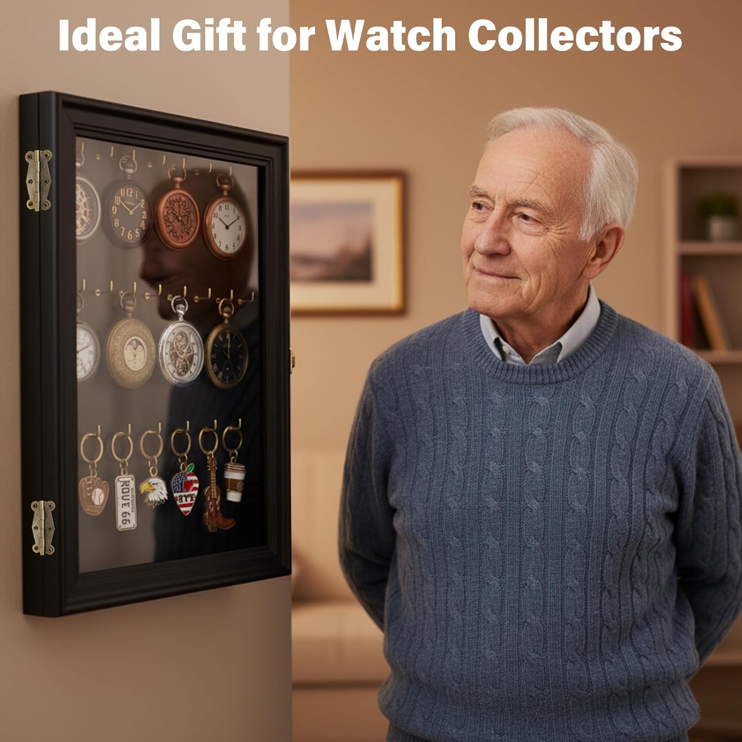 Pocket Watch Display Case, Elegant Keychain Display Stand with 24 Metal Hooks, Wall Mount Display for Pocket Watch Collectors, Unique Gift for Watch Lovers