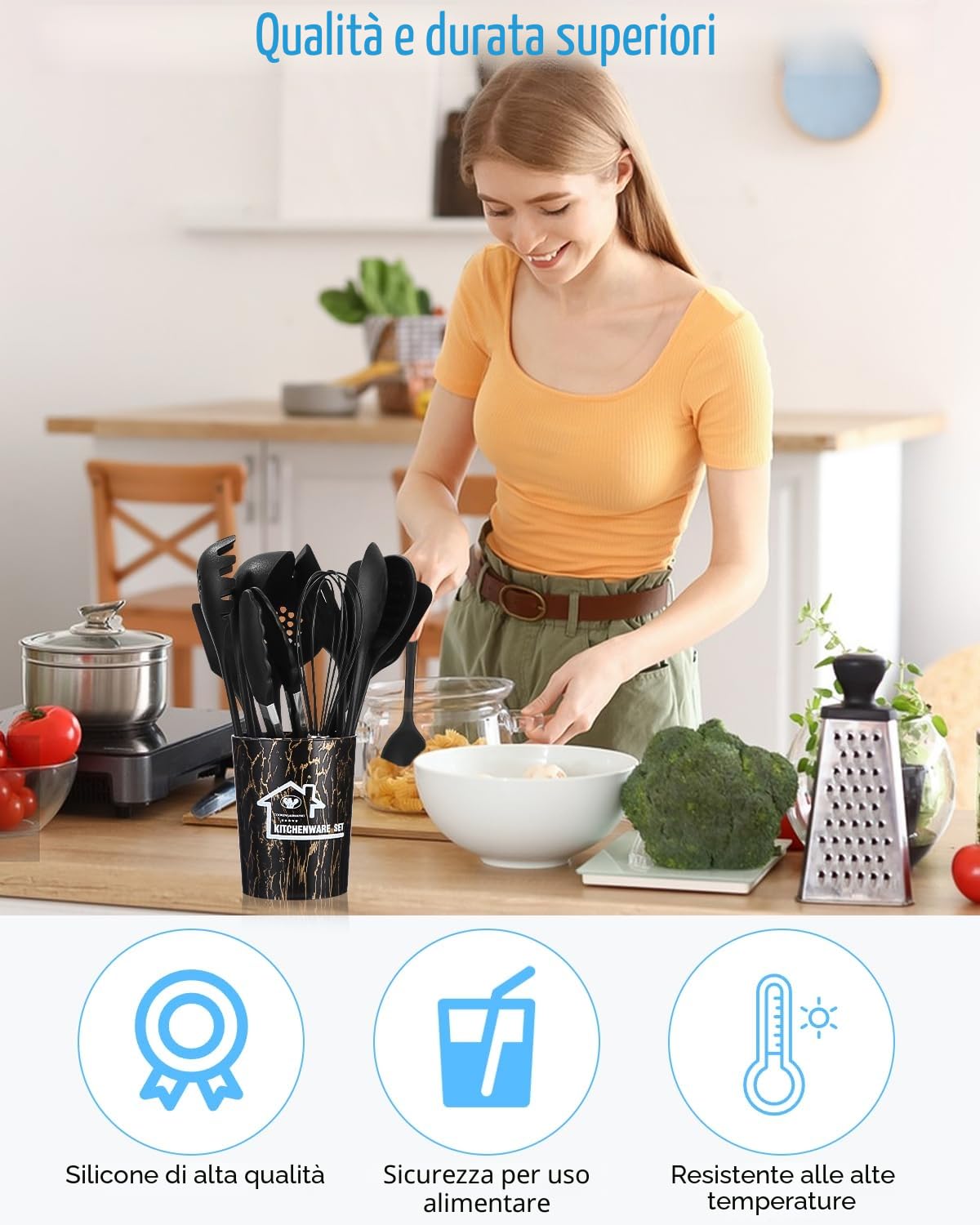 18 Pezzi Utensili Cucina Silicone, Antiaderente resistente al calore,Set di Utensili da Cucina in Silicone,Lavabile in lavastoviglie,Set Mestoli Cucina,Accessori Cucina con contenitore(Nero)