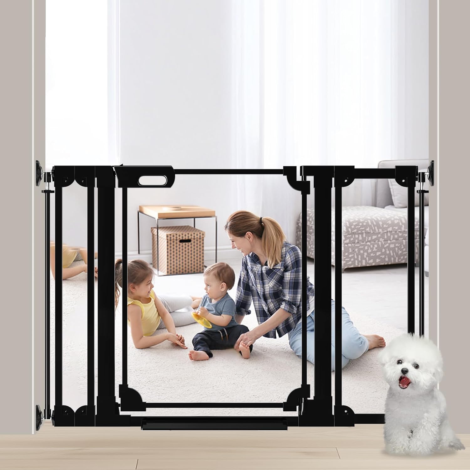 Clear Baby Gate 29.13-47.24" Wide Acrylic Safety Proof Dog Puppy Pet Barrier for Stairs, Transparent Adjustable Pressure Mounted No Drill Auto Close Indoor, Doorways, Hallway, Black Black 29.13-47.24"/74-120cm
