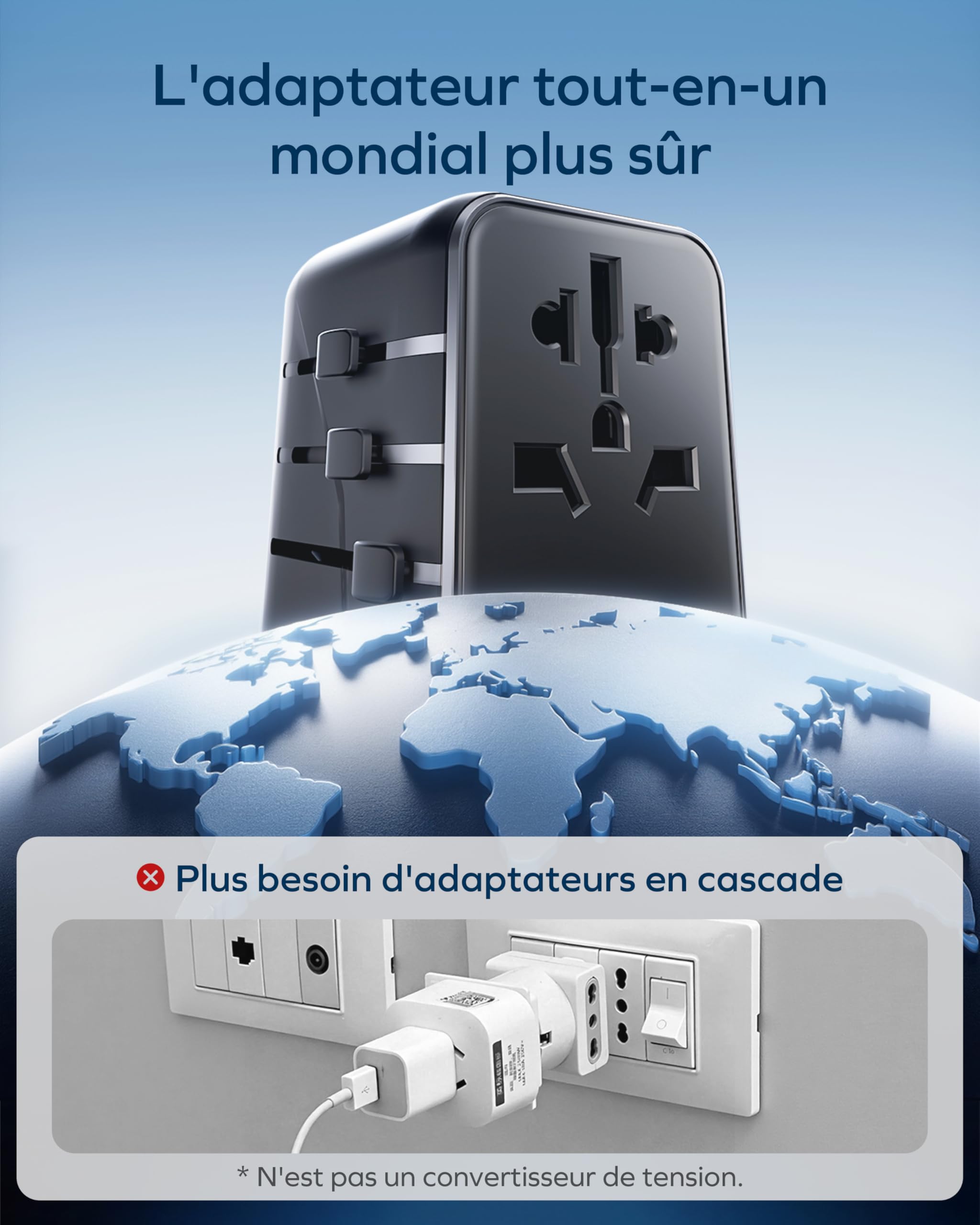 MOMAX Adaptateur Prise Universelle, Adaptateur Voyage avec GaN 70 W 3 USB C et 2 USB A, Adaptateur Universel de Voyage France vers Anglaise UK Irlande USA Canada Australie Chine Japon Thaïlande