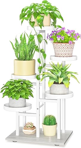 LASZOLA Soporte para plantas de 5 niveles en blanco, estante resistente para interiores, organizador vertical de metal y madera para plantas