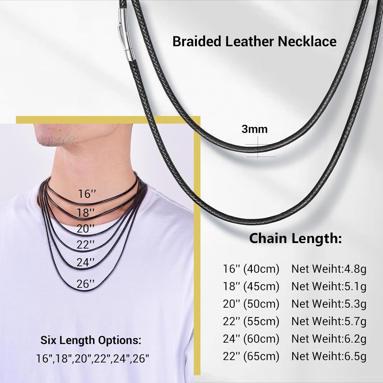Leather Necklace Cord with Stainless Steel Clasp, Black/Brown Color Waterproof Wax Rope Chain 2mm 3mm Wide Braided Cord String Necklaces for Men Women 16"-30" - Image 6